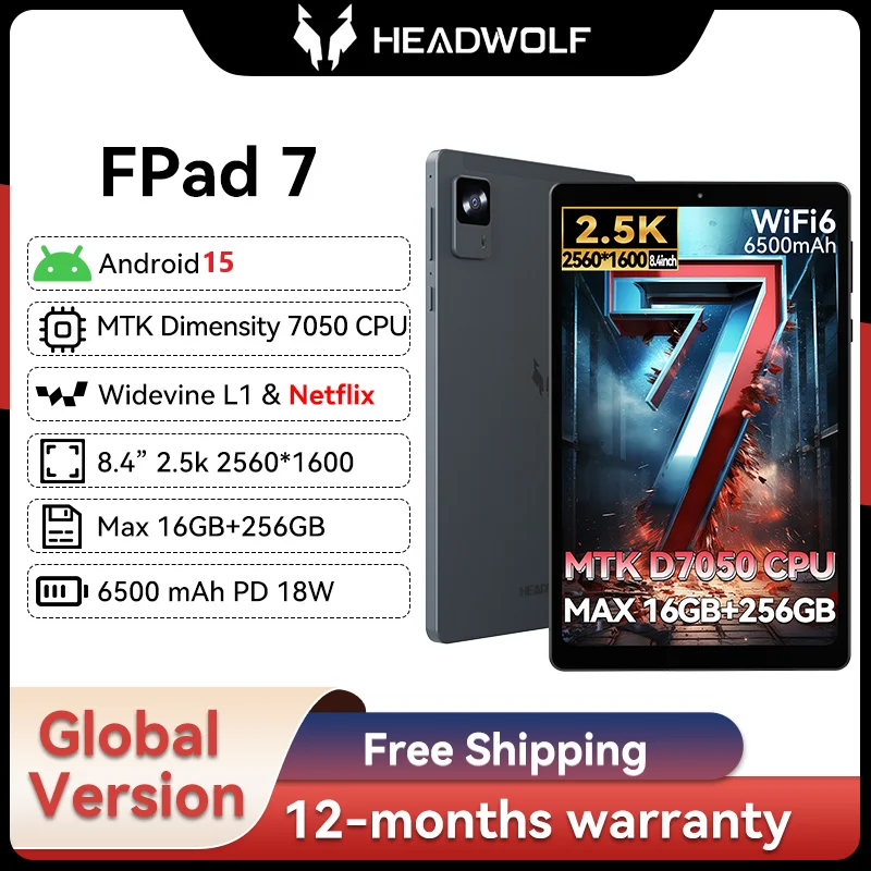 Headwolf FPad7 8 inch Android 15 Tablet 2560x1600, 16GB LPDDR5+