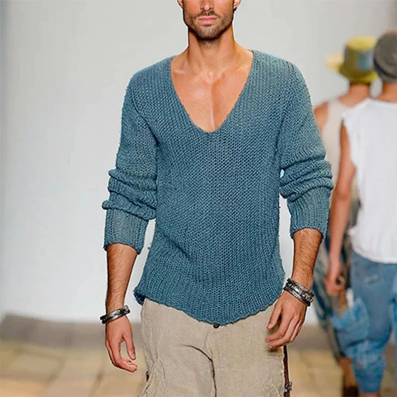 Basic Sweater Men's Long Sleeved V-neck Loose Solid Color Knitted Pullover