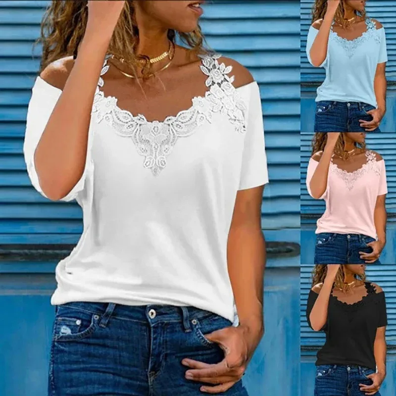

Women's Sexy Off-shoulder Short Sleeve T-shirt Summer Solid Color Lace V Neck Loose Blouse Tee Comfortable Joker Pullover Tops