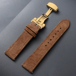 Vintage Suede Cowhide Watch Strap with Butterfly Buckle Bracelet - Sport Wristband - 22mm (Brown - RoseGold)