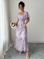 Women's Sweet French Style Mini Dress with Purple Butterfly Print, Batwing Sleeves & Back Zipper - Image 4