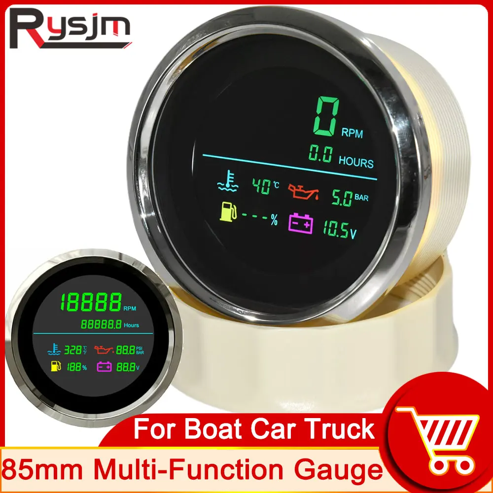 

HD 6 In 1 85mm LCD Multi-Function Water Temperature Gauge Tachometer Fuel Gauge Oil Pressure Voltmeter Hour Meter For Boat Car