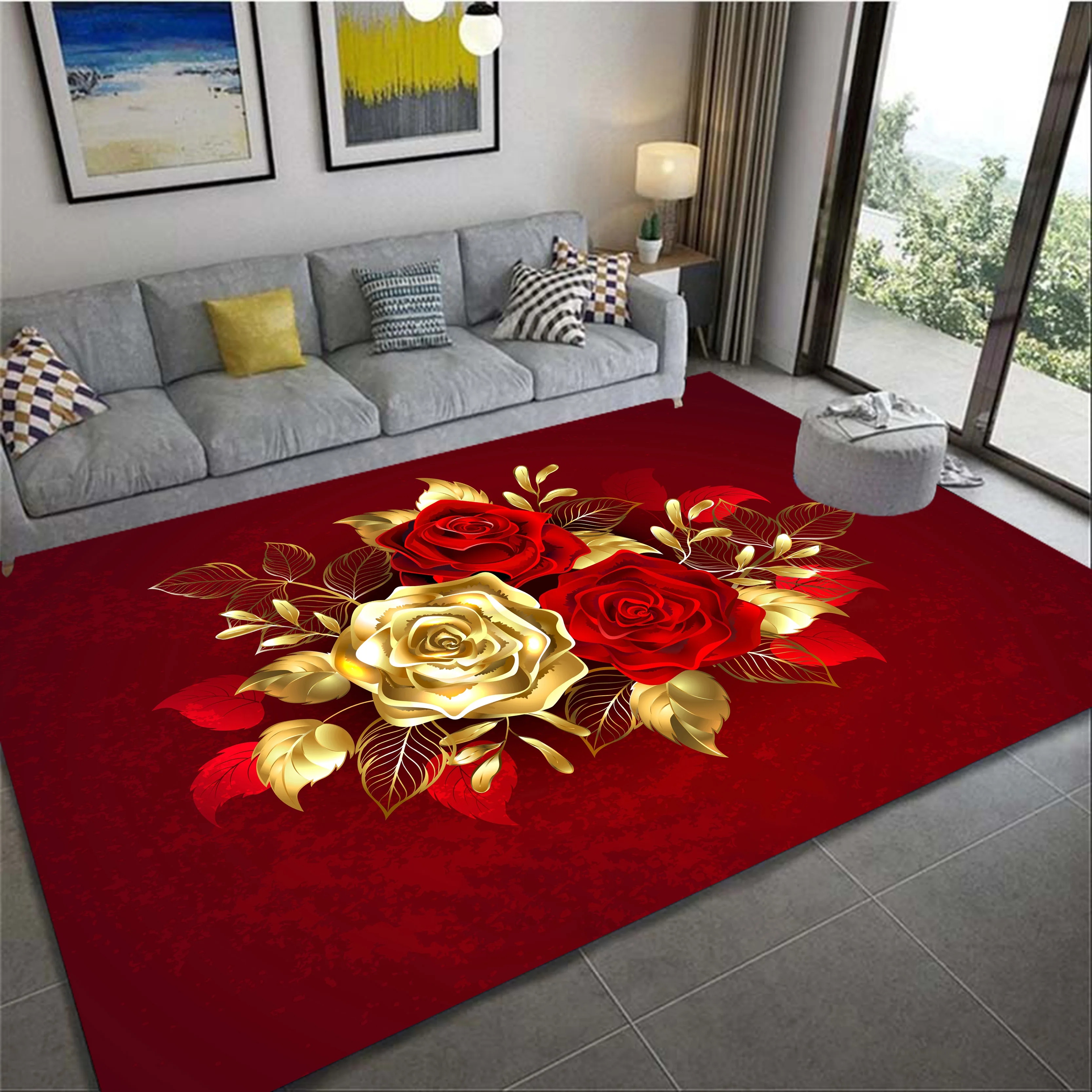 Romantic 3D Floral Pattern Peony Rose Rug Living Room Home Decor Sofa Table Rug Non-slip Chair Mat Leisure Floor Mat Home Decor