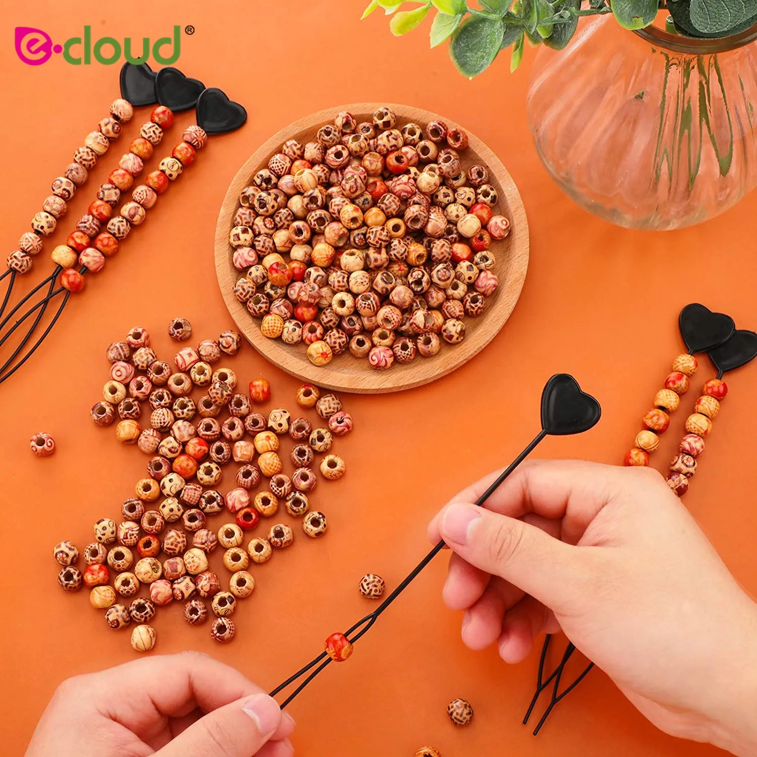 201Pcs/Set 100 Pcs12 mm Wooden Hair Beads for Braiding 100 Pcs Rubber Band 1Pcs Beader Tool for Women Kids Hair Braiding