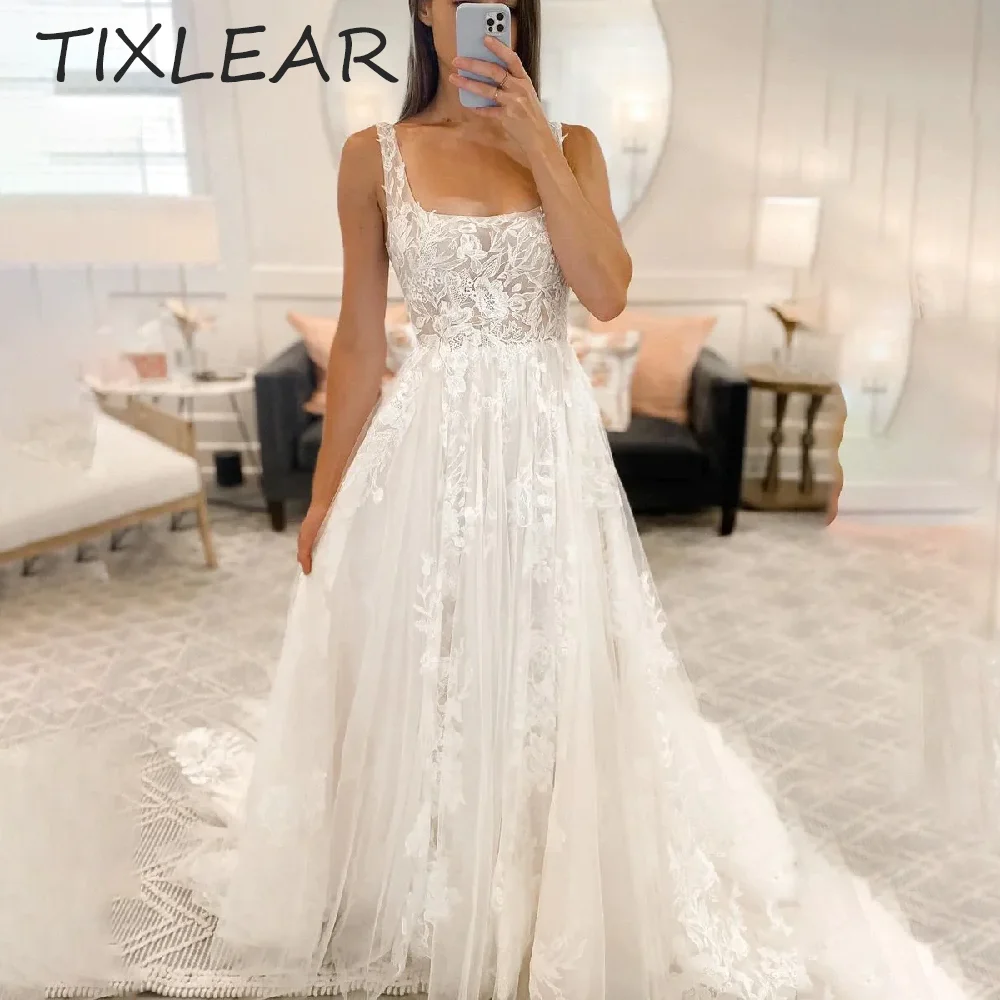 

TIXLEAR Wedding Dress Exquisite A-line Square Collar Neck Spaghetti Straps Appliques Backless Zipper Up BackStyle váy cưới 2024