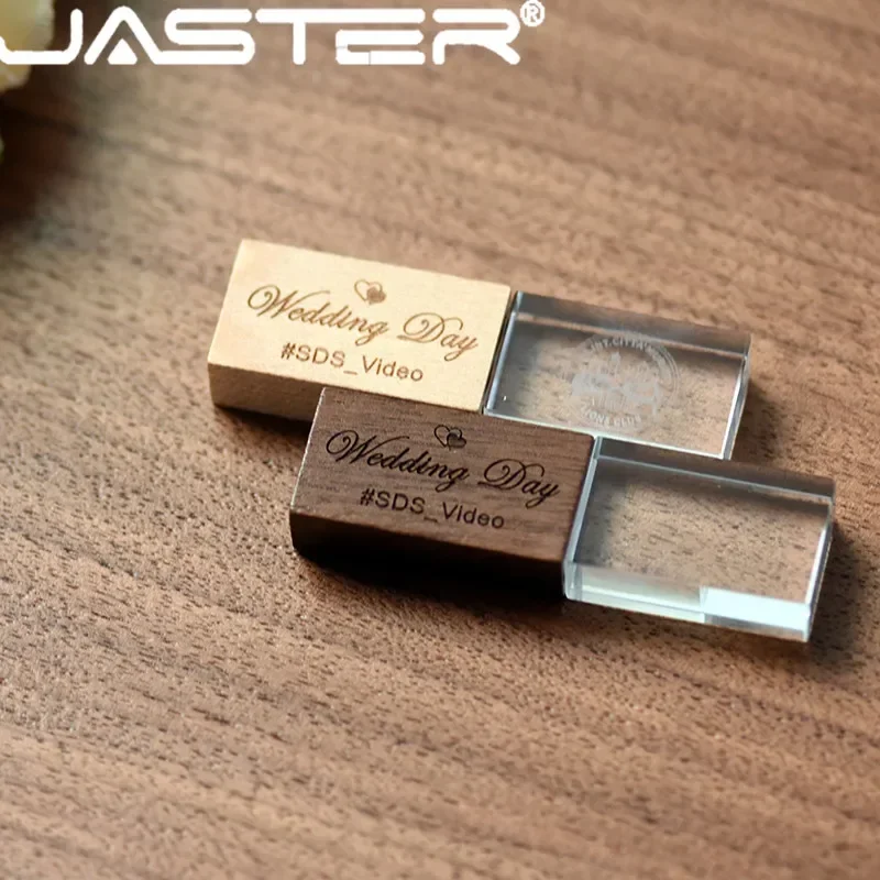 JASTER 우드 크리스탈 USB 플래시 드라이브 크리 에이 티브 선물 펜 드라이브 무료 사용자 정의 로고 메모리 스틱 결혼 선물 Pendrive 32GB 64GB 16GB