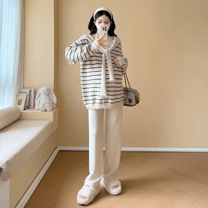 임산부 가을 겨울 루즈핏 캐주얼 슬림핏 V넥 숄 스트라이프 스웨터와 와이드 팬츠 세트