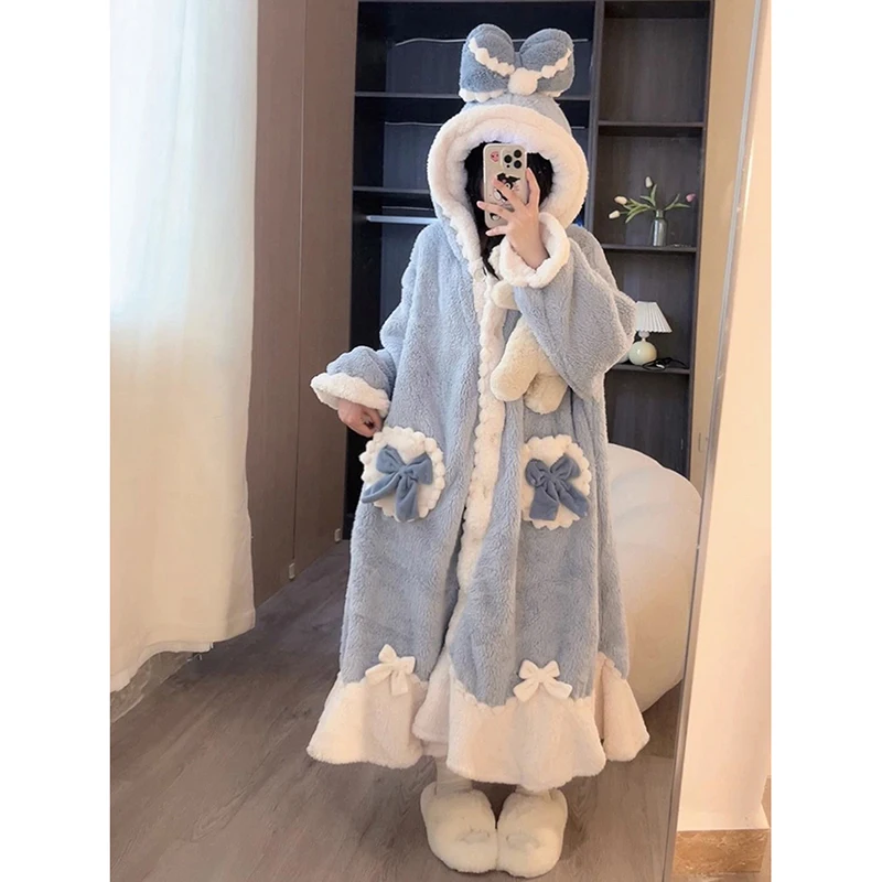 Bow Robe for Women Sleepwear Nightdress Winter Night Wears Cute Fleece Pajama One Piece Nightgown Hooded Long Sleeve Homewear