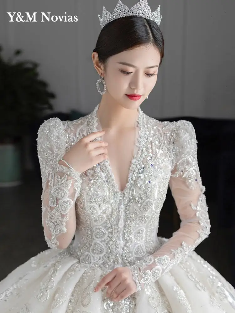 Customized Luxury Bedad Long Sleeve Winter Wedding Dress 2025 New V Neck Vestido De Noiva For Bride Gown Plus Size Floor Length 5