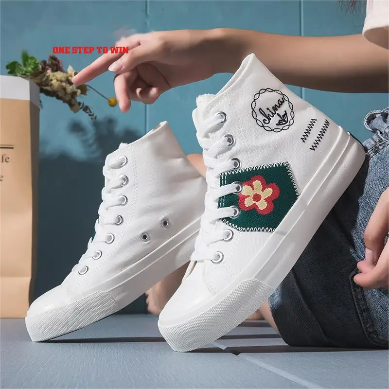 

High Top Womens Shoes Sweet Style Floral Canvas Shoes Embroidery Fashion Casual Shoes Flat Sneakers Comfortable Vulcanize Shoes