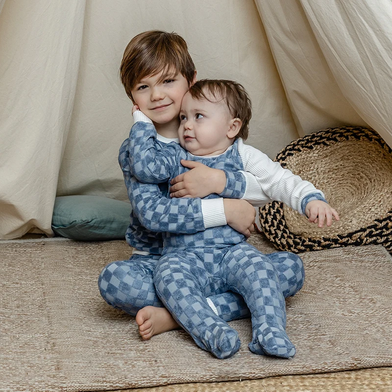 Kinder kleidung 2 stücke set colorblock pyjamas terry überprüft kinder kleidung junge/mädchen kleidung rundhals langen ärmeln für alle jahreszeiten – Detail 9