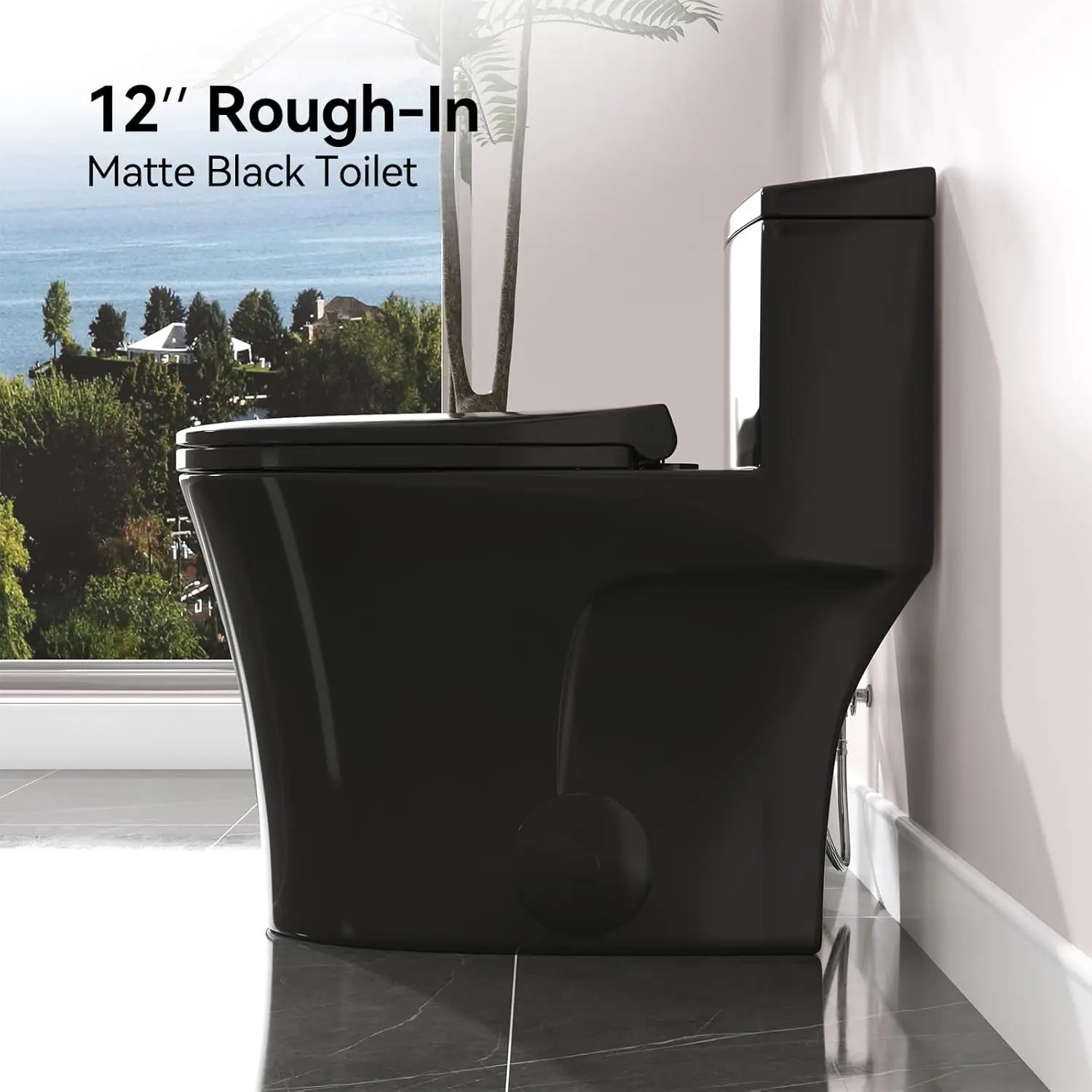 2025-hotT0338WB Elongated One Piece Toilet Black, Compact Modern Toilet with Comfortable Seat Height, ADA Chair Height 17.3"