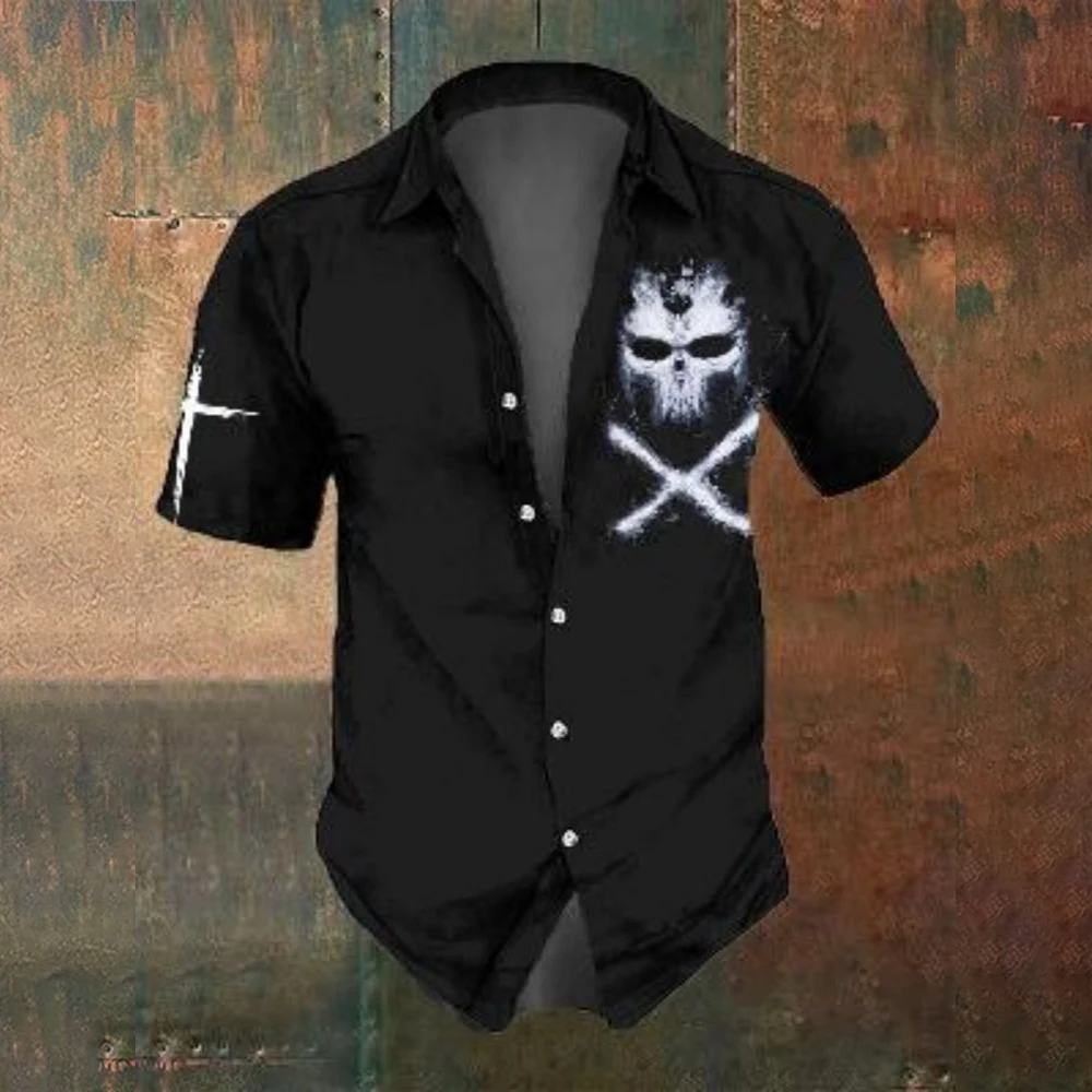 Men's Short-Sleeved Shirt Summer Fashion Retro Horror Skull Print Street Casual Trend Men's Shirt Oversized Tops SIZE S-5XL 2