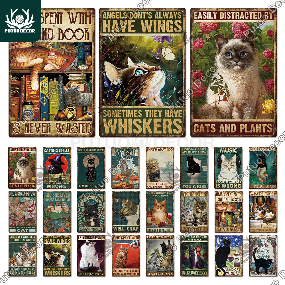 

Putuo Decor Cute Cat Vintaget Tin Signs Retro Plaque Metal Plate Wall Art Decor for Home Cafe Living Room Pet Shop Iron Poster