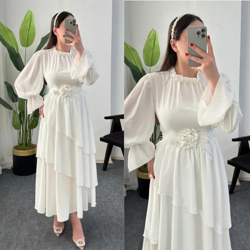 Jiayigong  Chiffon Flower Draped Tiered Beach A-line High Collar Bespoke Occasion Gown Midi Dresses