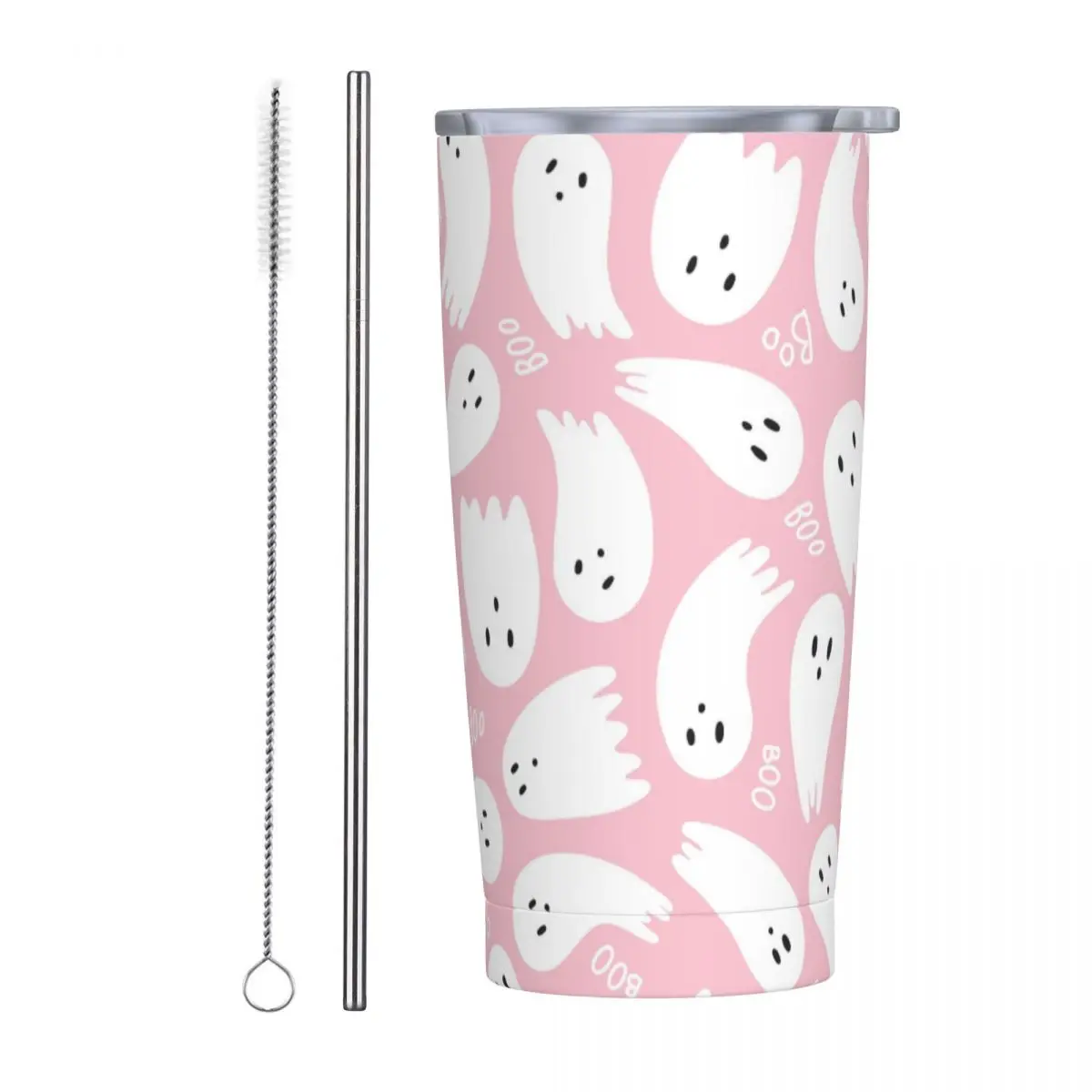 

Розовая Изолированная кружка с изображением милых призраков с соломинкой и крышкой Термокружка Из Нержавеющей Стали для Хэллоуина 20 унций