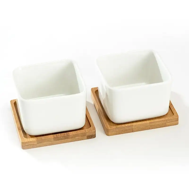 

Square Ceramic Succulent Plant Pot/Cactus with Bamboo Tray, Set of 2 3.7L x 3.7W x 2.6H inches; Pot - 3.4L x 3.4W x 2.6H inches;