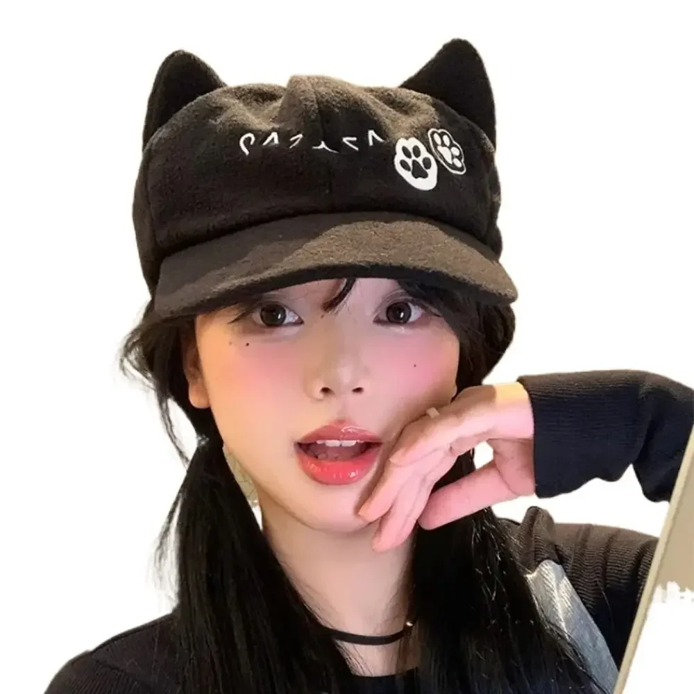 Y2K Kawaii Beret Caps for Women Girls - Cute Lolita JK Newsboy Cat Ear Hats with 2 Paw Badges Summer Casual