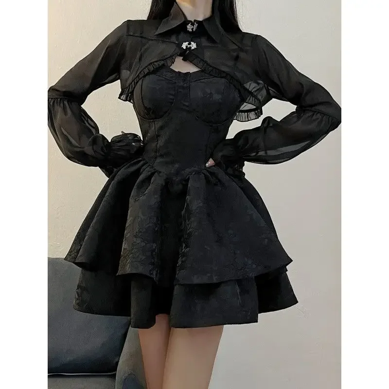 Gothic Black Stand Collar Long Sleeve Lolita Dress Suit Women Autumn Harajuku Halloween Cosplay Fairy Victorian Dresses