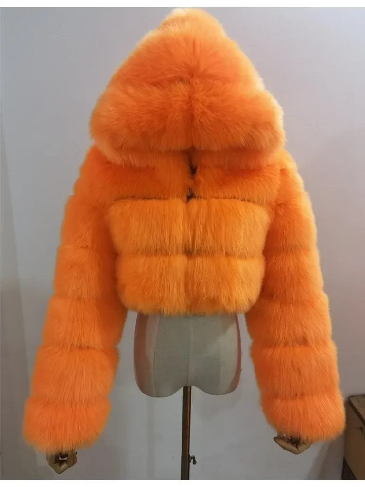 Imitation Fox Fur Stitching Hooded Short Long-Sleeved Fur Coat Women's Clothing 2023 Winter Fashion Solid Color Faux Fur Female