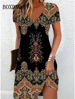 Women'S Casual Sundress Loose Summer Boho Beach Dress Floral Printed For Women Dress Retro V Neck Short Sleeve Plus Size Dresses 1
