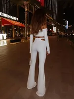 Ahagaga Fashion Sexy Sheath Women's Suits Sets Solid Hollow Out Slim Fit Tracksuits Long Sleeves Slash Neck 2Pcs(Tops+Pants) - Image 4