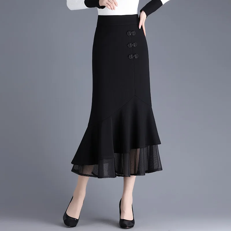 

#1661 Autumn Winter Black Mermaid Skirt Women Split Joint Mesh A-line Midi Skirt Elegant Office Trumpet Skirt Ladies Slim Fit