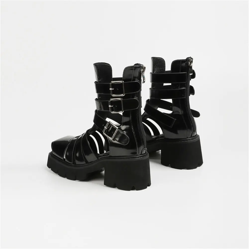 Damen Gladiator Sandalen Mit Blockabsatz Schwarze Sommerschuhe_voghion.com