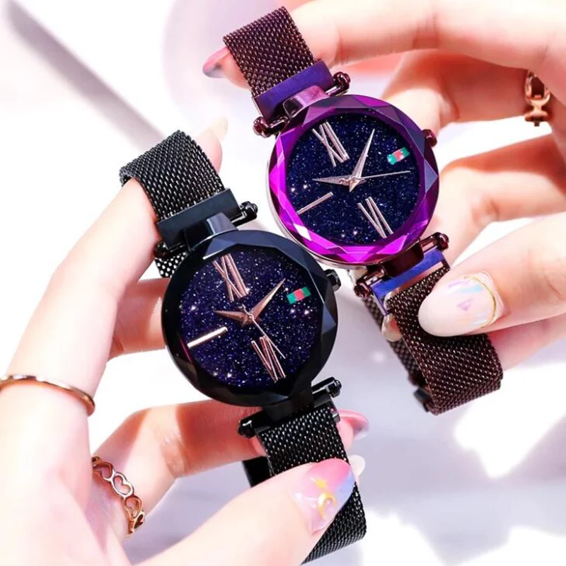 Luxury Rose Gold Women Watch Magnet Starry sky Wrist Watch For