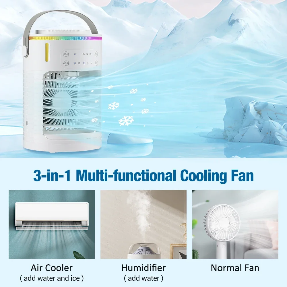 Portable Mini 3 In 1 Fan AIr Conditioner Household Air Cooler LED Color Night Light Humidifier Air Adjustment Fan Office HomeFan 2