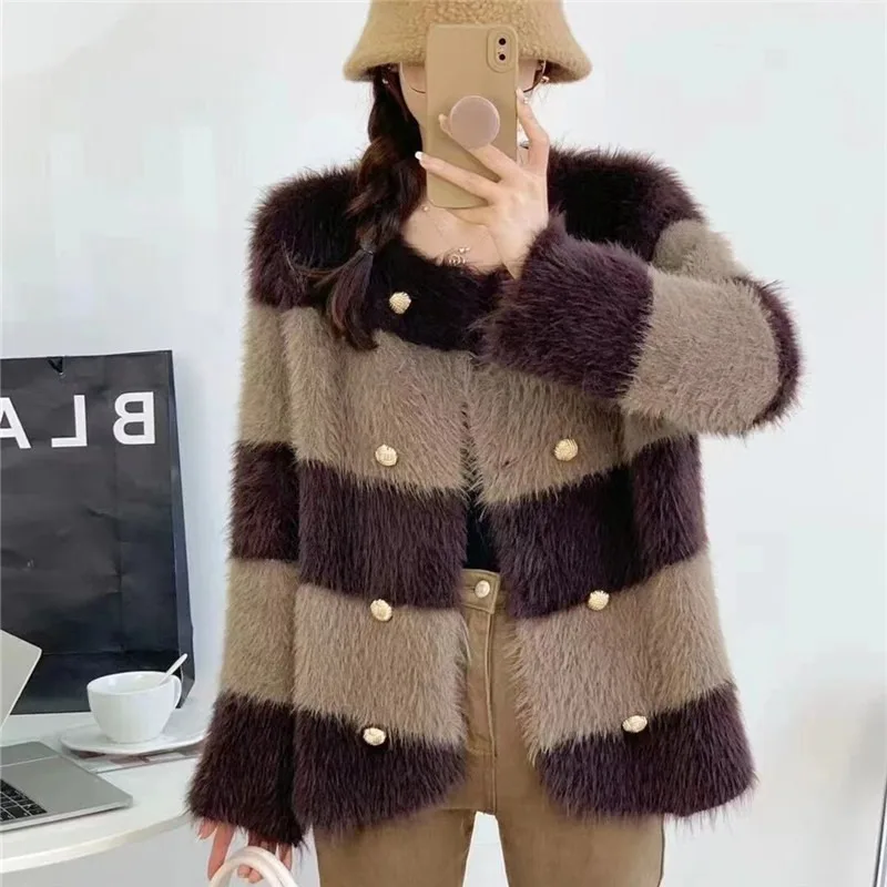 2023 Autumn Winter Knitwear Fashion and Temperament Thickened Versatile Stripe Imitation Fur Knitted Top Coat for Women