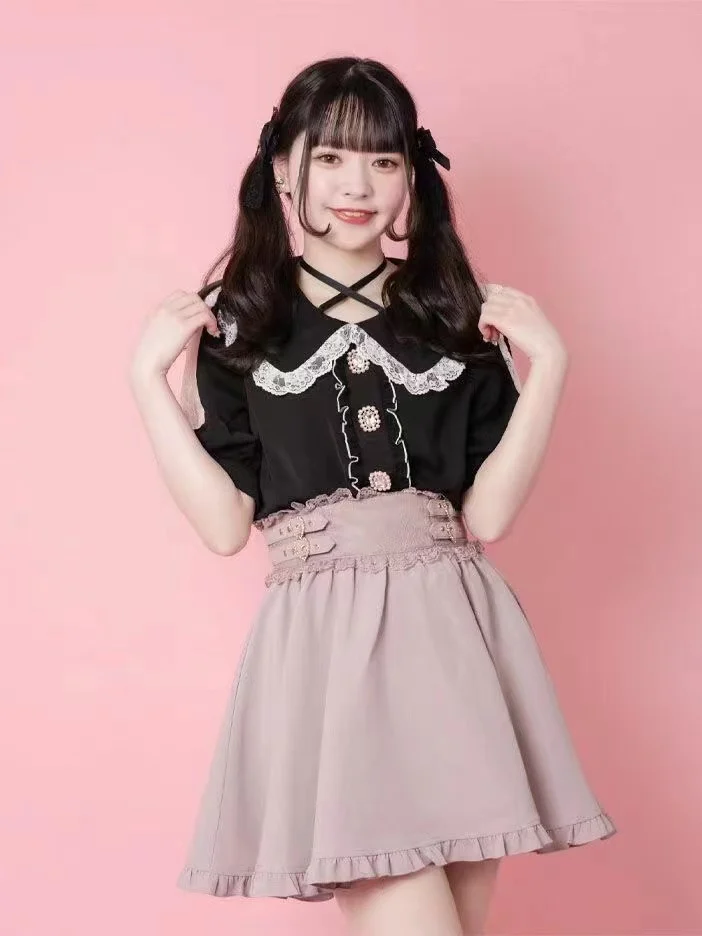 Japanese Mine Mass-Produced Heart Rhinestone Lace Ruffled Edge Lolita Skirts Fashion High Waist Slim Mini A- Line Skirt Women