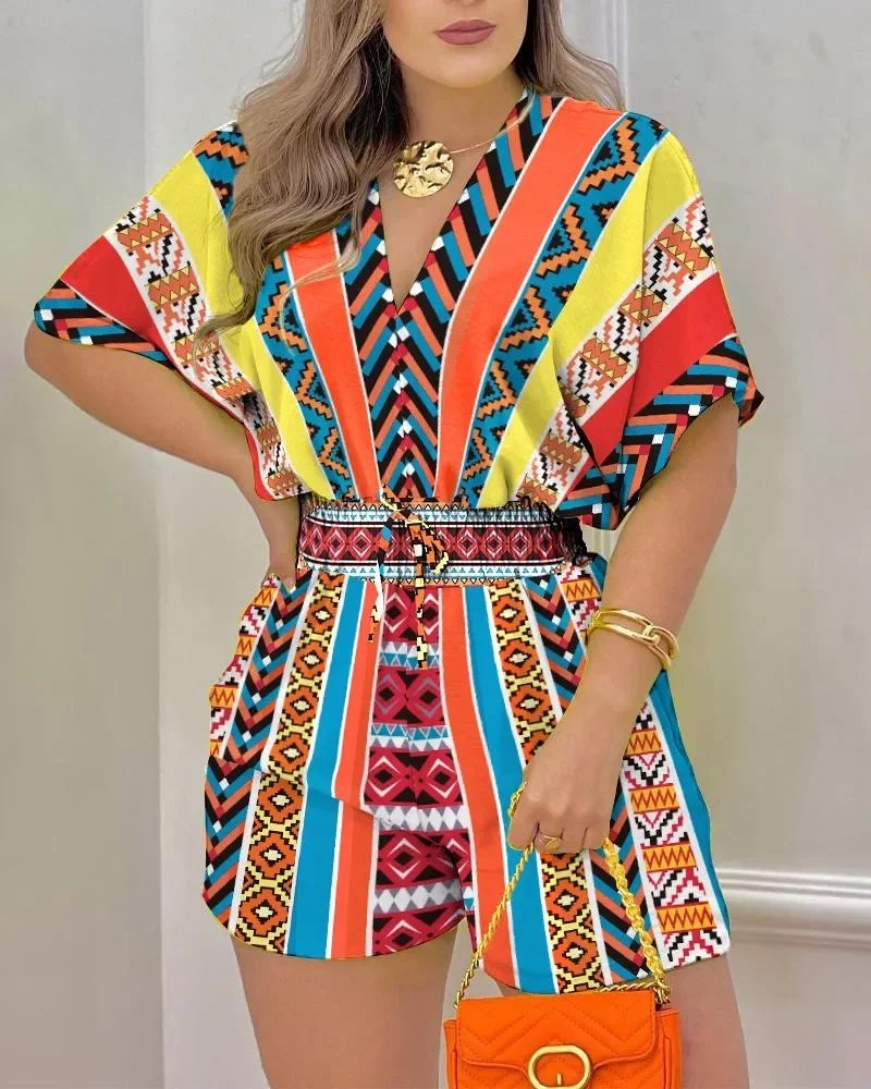 2024 Jumpsuit Women Summer Women Loose Casual Printing Jumpsuit Elegant Women Fashion V-neck Short Sleeve Waist Shorts Jumpsuit