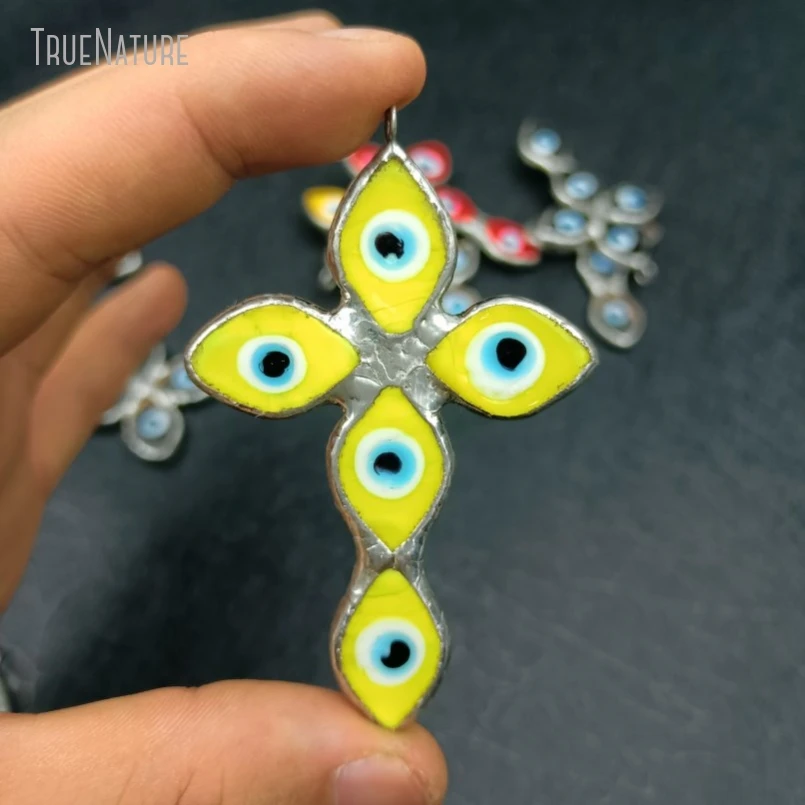 

10Pcs Wholesale Soldered Cross Jesus Christian Handmade Jewelry Yellow Tin Glass Crystal Colored Glaze Pendant PM45261