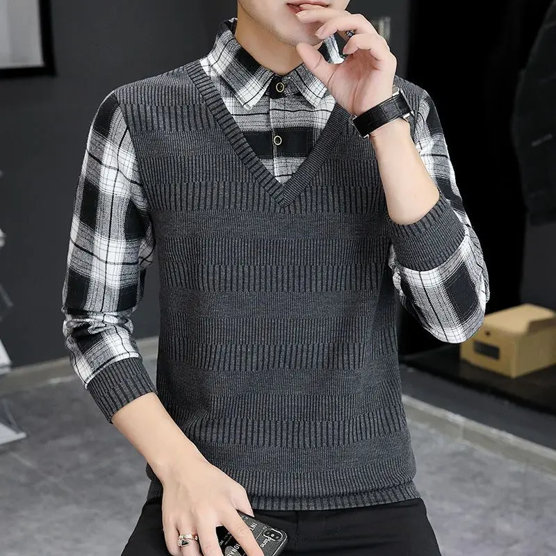 

Fashion Button Spliced Knitted Fake Two Pieces Lattice Sweater Men's Clothing 2022 Autumn New Casual Pullovers Loose Korean Tops