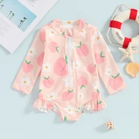 0-4Y Baby Girls Swimwear Rash Guard Fruit Print Ruffle Long Sleeve Romper Swimsuits Toddler Bathing Suits Kids Beachwear 5
