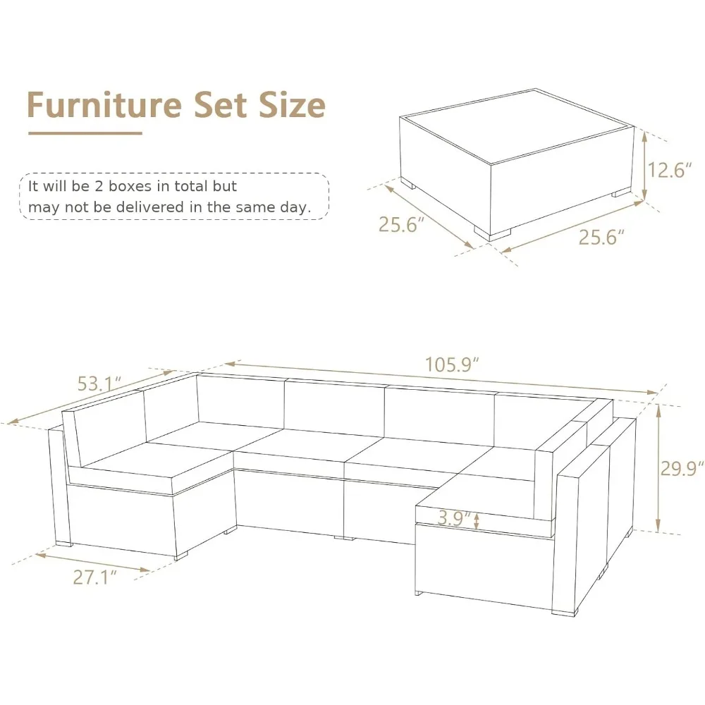 7 Piece Outdoor Patio Furniture Set, PE Rattan Wicker Sofa Set, Outdoor Sectional Furniture Chair Set with Cushions , Brown 5