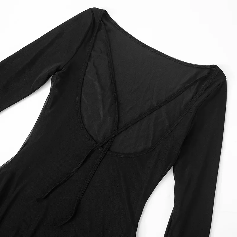 Mesh Backless Fashion Dress For Women Sexy Long Sleeve Lace-Up Slim Patchwork Bandage Dress Women's Solid Autumn Dress New