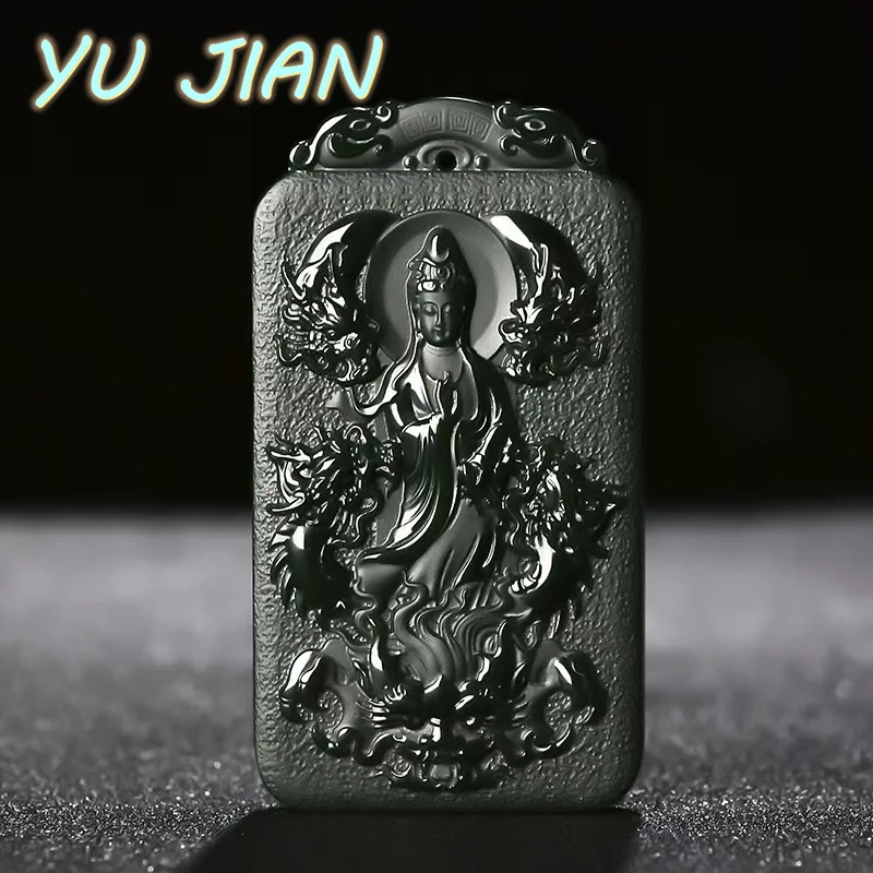 

Exquisite Natural Hetian Blue Jade Carving Kowloon Guanyin Jadeite Pendant For Men And Women With Chain Necklace Jewelry