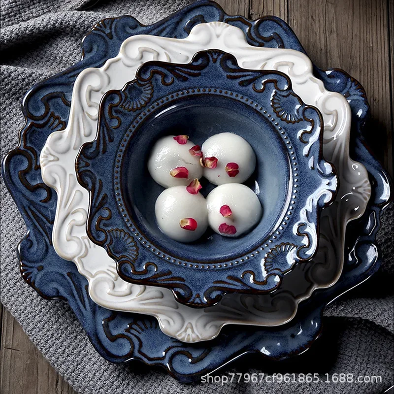 

European relief plate Western food plate Soup bowl Rice bowl Creative Dim sum dish plate Ceramic tableware