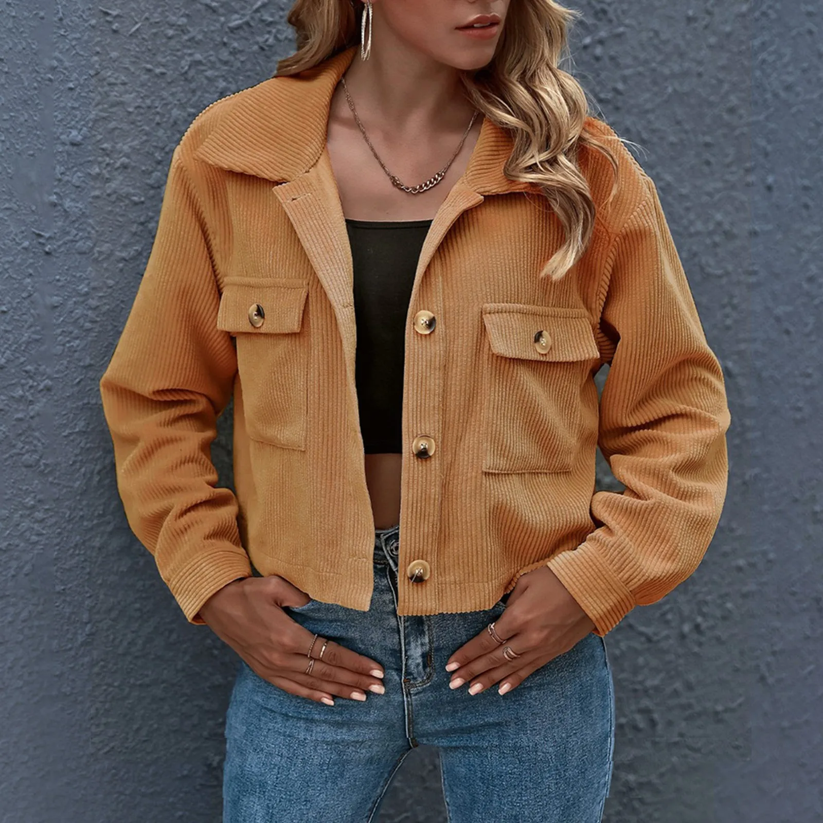 

Женская короткая куртка на пуговицах, винтажное теплое однотонное пальто с отложным воротником и длинным рукавом, элегантная хлопковая верхняя одежда с карманами, Осень-зима