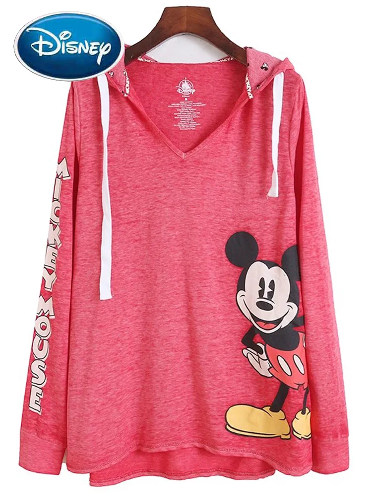 

Disney Sweatshirt Mickey Mouse Letter Cartoon Print Washed Distressed Women V-Neck Pullover Hooded Long Sleeve Jumper Tee Tops