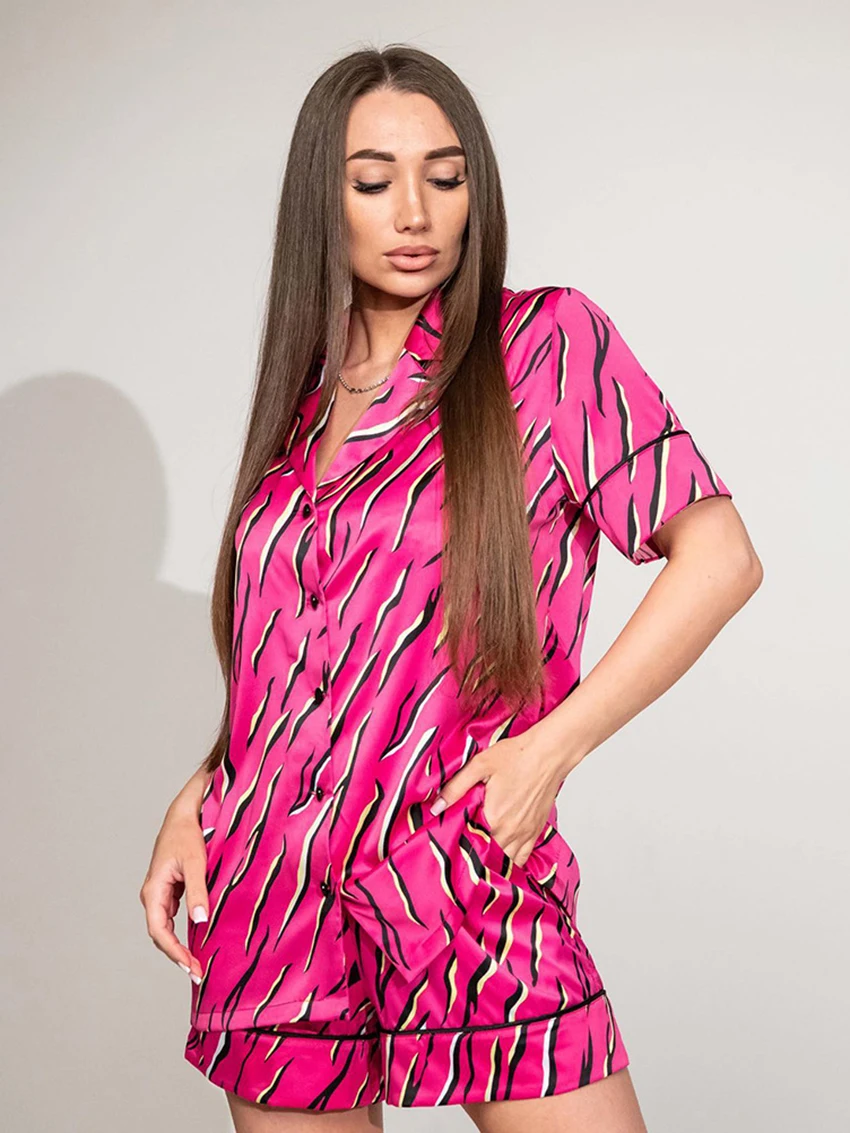 Marthaqiqi Printing Women'S Pajamas Suit Sexy Turn-Down Collar Sleepwear Short Sleeve Pyjamas Shorts Casual Home Clothes Ladies