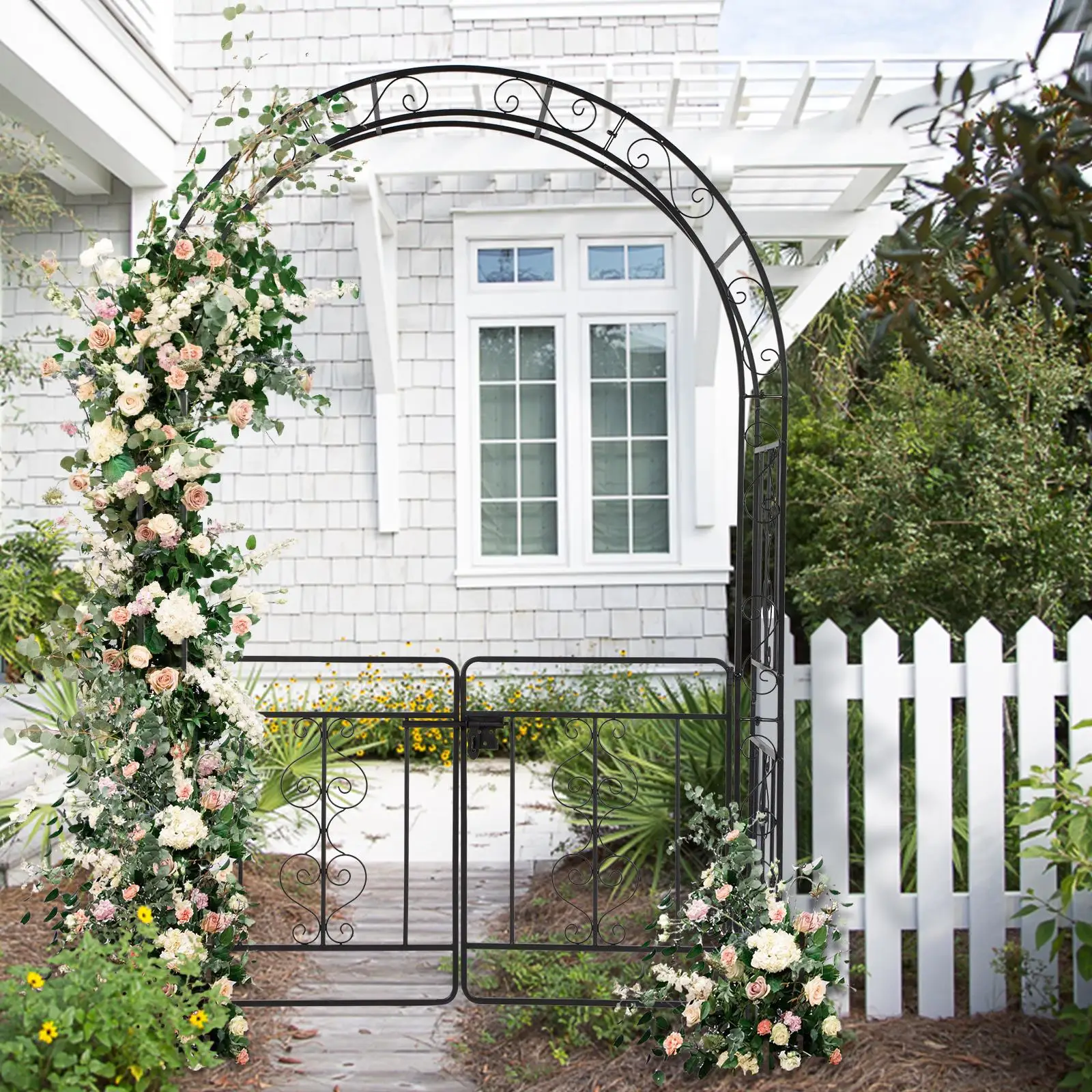 Arc Roof Double Layer Wrought Iron Arch with Door - 134.5x58.5x213cm Black Outdoor Courtyard Shelter 2