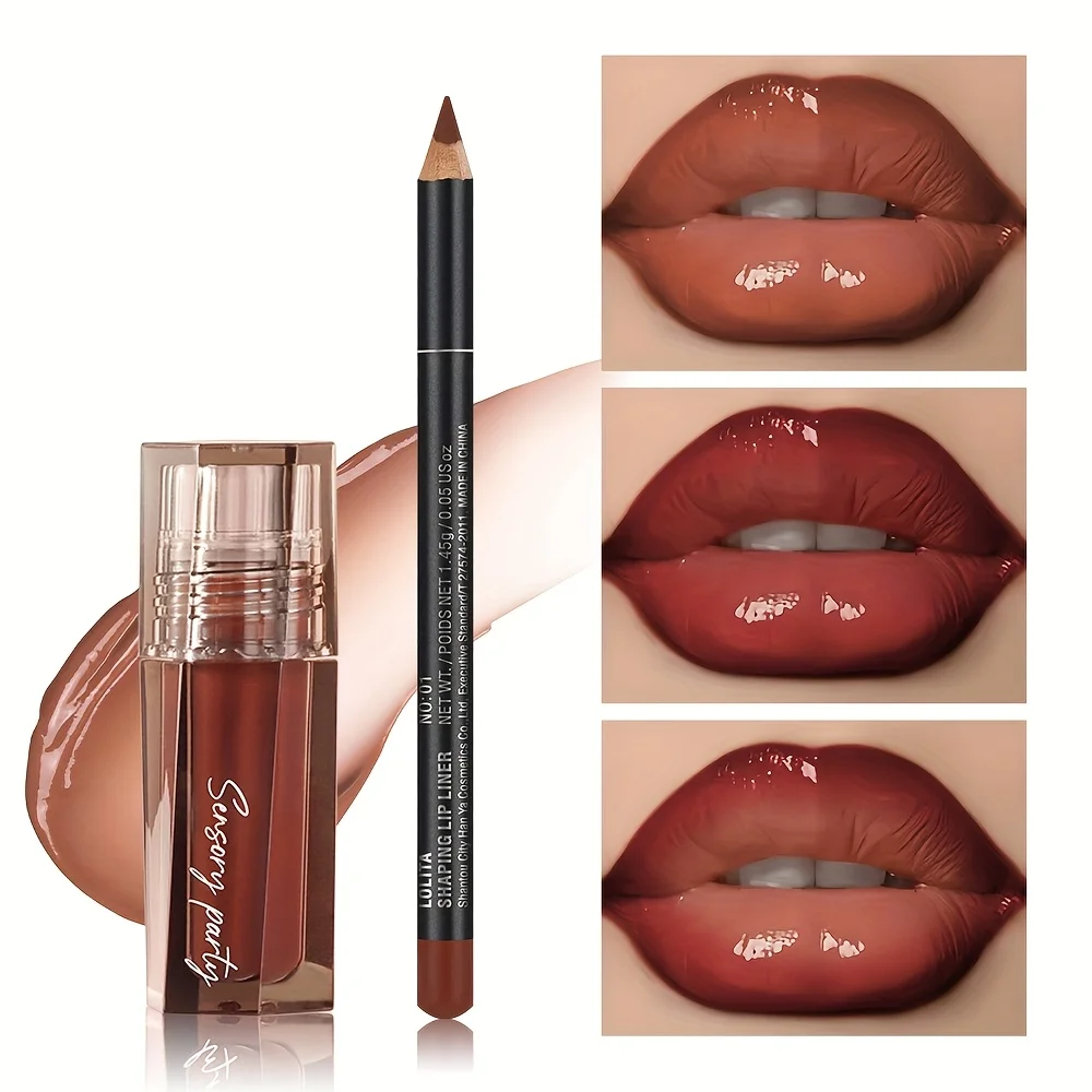 Kit de Gloss Labial Hidratante + Lápis de Contorno Labial 3D de Precisão, Aparência Volumosa, Alto Brilho, Resistente a Borrões_voghion.com
