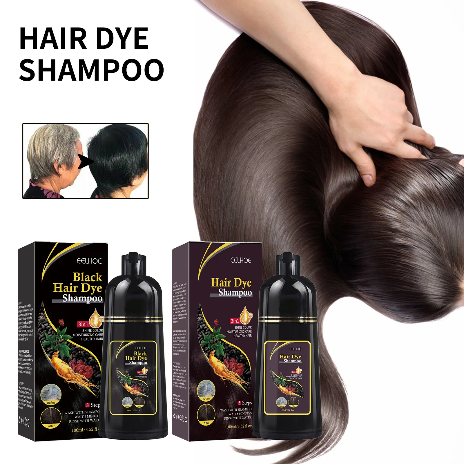 100ml 3in1 Hair Dye Shampoo for Gray Hair Polygonum Multiflorum Herbal Ingredients Natural Ginger Darkening Coloring Cover 6