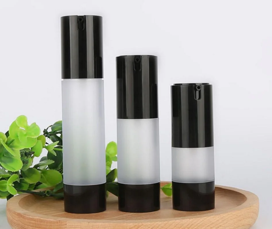 

15ml airless bottle frosted body black pump bottom lotion/emulsion/foundation/essence/oil/serum toner balance plastic bottle