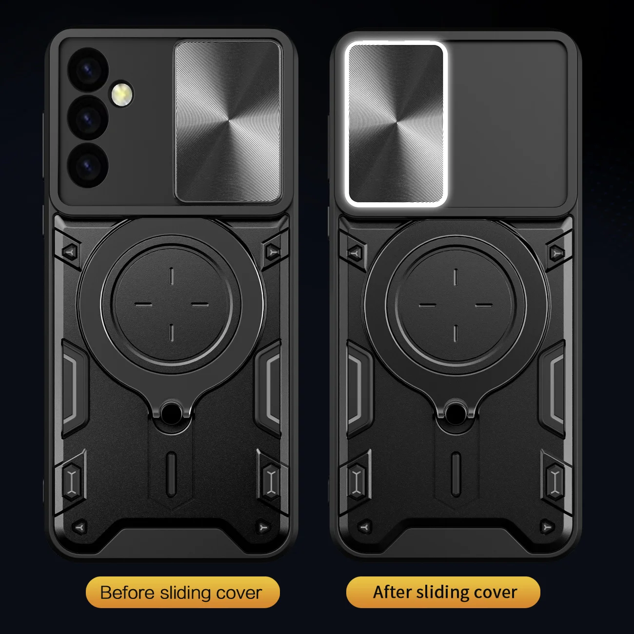 Slide Camera Lens Protective Case with Magnetic Armor and Hybrid Metal Ring Back Cover