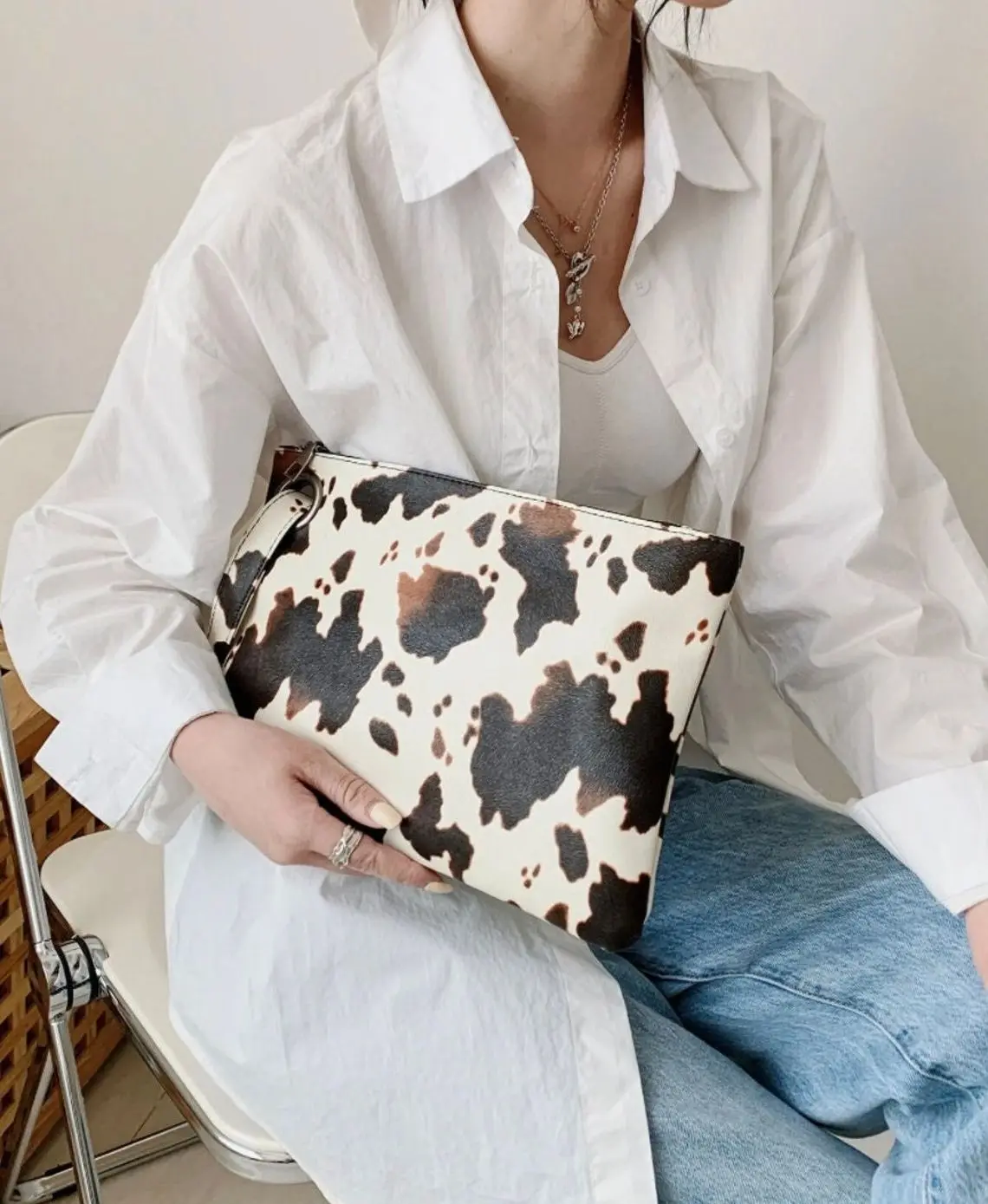 Monogrammed Cow Print Crossbody Clutch Wristlet