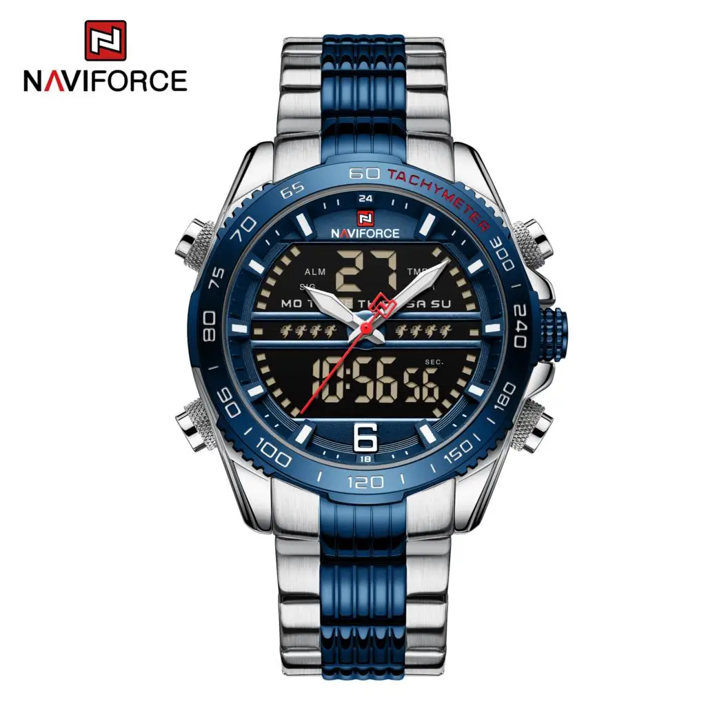 NAVIFORCE Mens Watches Dual Display Stainless Steel Top Waterproof Sport Led Digital Relogio Masculino 2022 Dropshipping NF9195 